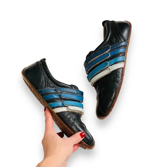 LACOSTE Mystere Punched Striped Velcro Leather Sneaker Black Blue Sz 5.5 US/ 36 - Picture 13 of 13